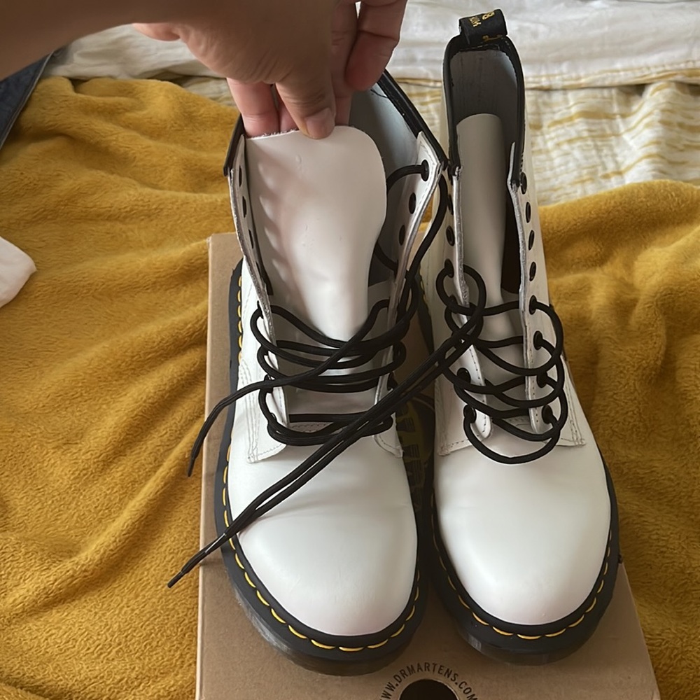 Dr. Martens White Leather Combat Boots with Black Trim and Yellow Stitching - Picture 2 of 7